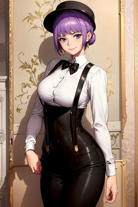 masterpiece, ((ultra detailed background, delicate pattern, intricate detail)), (highly detailed, fine details), best quality, beautiful lighting, (((medium breasts, slim girl, very slim girl))), (portrait), Carina, 1girl, solo, purple hair, jewelry, earrings, short hair, smile, ((slim girl, medium breasts)), blue eyes, (black hat, white shirt, black pants, formal suit, suspenders), complex detailed background, inside, room environment, gray castle walls, brick walls, old building interior, spaceful room, <lora:Carina:0.7>