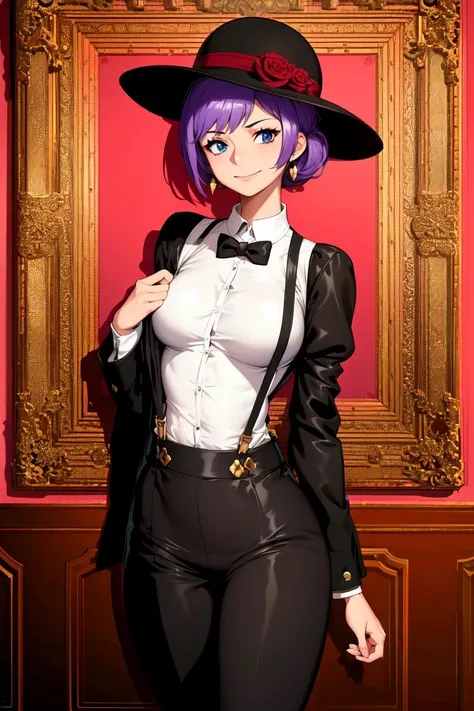 masterpiece, ((ultra detailed background, delicate pattern, intricate detail)), (highly detailed, fine details), best quality, beautiful lighting, (((medium breasts, slim girl, very slim girl))), (portrait), Carina, 1girl, solo, purple hair, jewelry, earrings, short hair, smile, ((slim girl, medium breasts)), blue eyes, (black hat, white shirt, black pants, formal suit, suspenders), <lora:Carina:0.7>