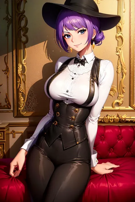 masterpiece, ((ultra detailed background, delicate pattern, intricate detail)), (highly detailed, fine details), best quality, beautiful lighting, (((medium breasts, slim girl, very slim girl))), (portrait), Carina, 1girl, solo, purple hair, jewelry, earrings, short hair, smile, ((slim girl, medium breasts)), blue eyes, (black hat, white shirt, black pants, formal suit, suspenders), complex detailed background, casino environment, fancy interior environment, rich interior, <lora:Carina:0.7>