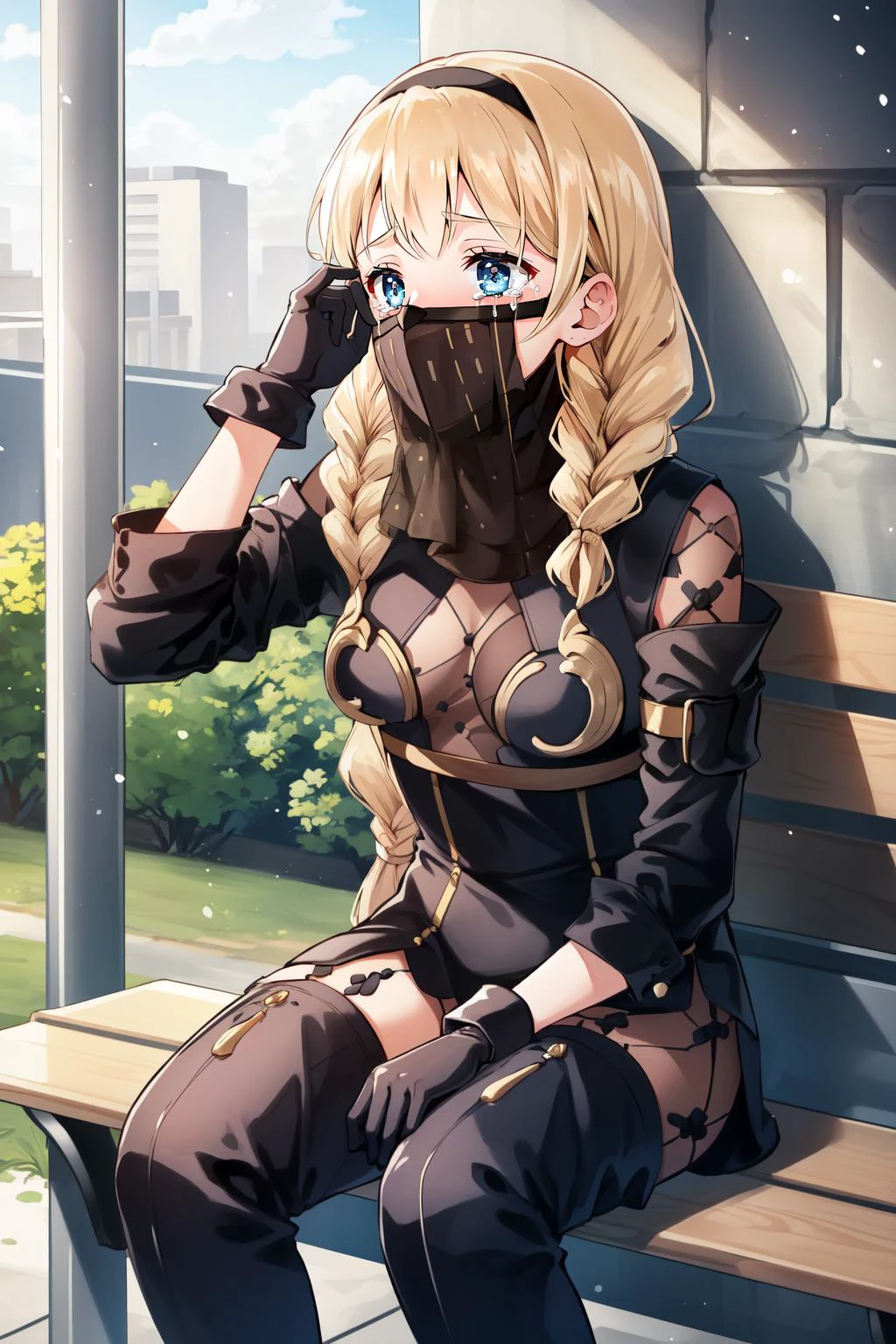 (masterpiece, best quality), intricate details,
1girl, <lora:operators-nvwls-v1:0.8> op6o, twin braids, bangs, hairband, mouth veil, bodysuit, bodystocking, black gloves, thigh boots,
jail cell, under arrest, crying, tears, sad, stone wall, sitting on bench, bars,