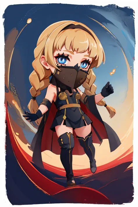 (masterpiece, best quality:1.2), border, chibi, solo, 1girl, op6o, looking at viewer, twin braids, bangs, mouth veil, bodysuit, bodystocking, black gloves, thigh boots <lyco:style_onmyoji-20:1.0> <lora:operators-nvwls-v1:0.9>