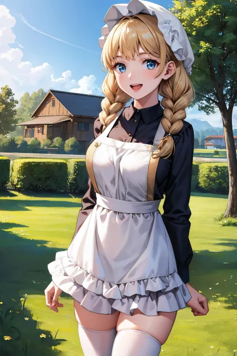 masterpiece, best quality, <lora:operators-nvwls-v1-000008:0.9> op6o, twin braids, bangs, bonnet, white dress, apron, white thighhighs, looking at viewer, :D, large breasts, cowboy shot, field, trees, sky, house