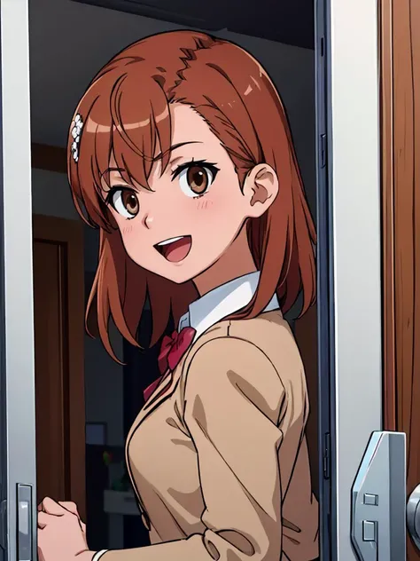 (((pixel-perfect, detail-perfect))) best quality, masterpiece, 1girl <lora:misaka-toaru:0.8> misaka mikoto <lora:detail_slider_v4:1> ,tokiwadai school uniform, bow :d <lora:pov_doorway_Gtonero:0.9> pov doorway upper body, opening door,