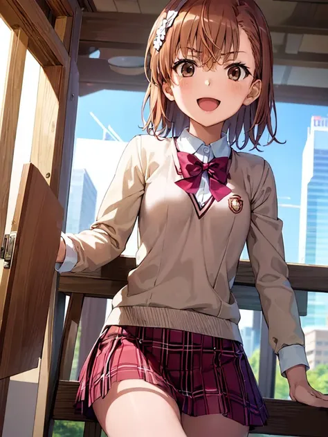 巨作, beste Quality, Misaka_mikoto, brown eyess, Short_Hair, Small_Breast, looking at the viewers Student uniforms, tokiwadai_School_uniform, whiteshirt, Sweater Vest, Gray miniskirt, , White loose socks, shoes, standing a
