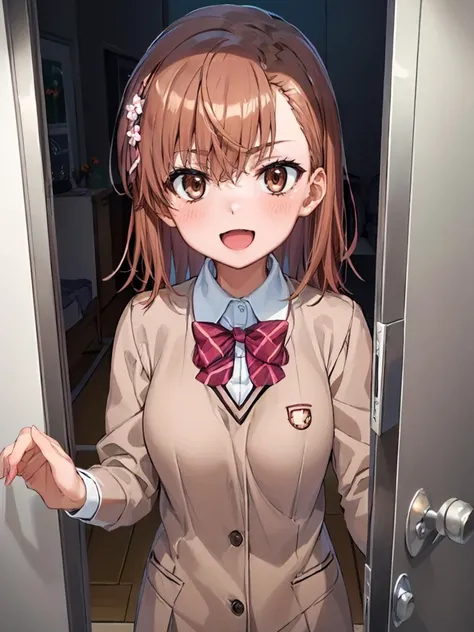 (((pixel perfect, detail perfect))), alone, 1 girl, Misaka Mikoto, tokiwadai , bow, looking at the viewer, closed mouth, whole body。White panties、Pull up your skirt、Inside the elevator、Hotel Rooms、smile、nose blush