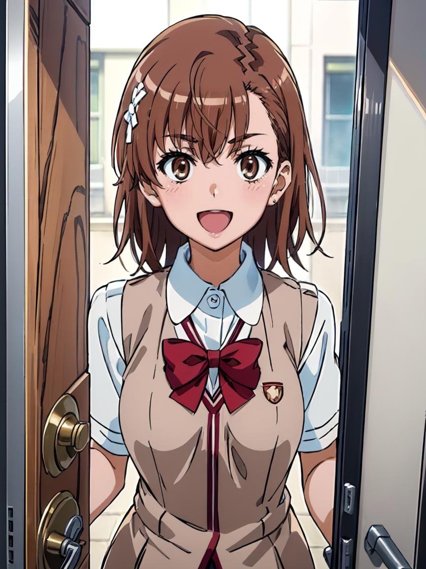 Anime girl in uniform standing in front of a door - SeaArt AI