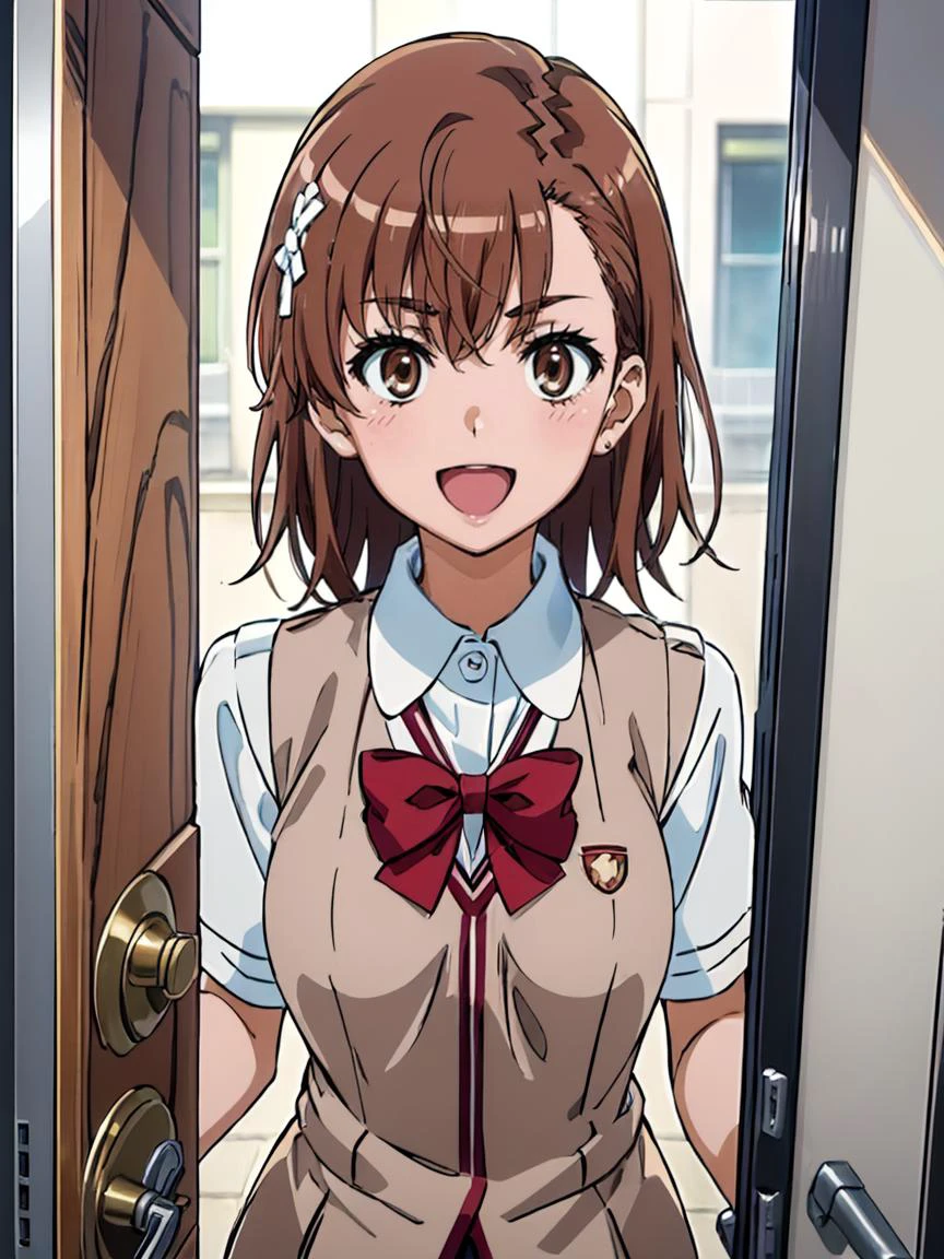 (((pixel-perfect, detail-perfect))) best quality, masterpiece, 1girl <lora:misaka-toaru:0.8> misaka mikoto <lora:detail_slider_v4:1> ,tokiwadai school uniform, bow :d <lora:pov_doorway_Gtonero:0.9> pov doorway upper body, opening door,