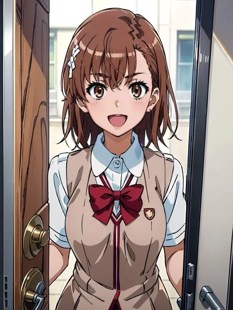 (((pixel-perfect, detail-perfect)))  best quality, masterpiece,  1girl   <lora:misaka-toaru:0.8>  misaka mikoto    <lora:detail_slider_v4:1> ,tokiwadai school uniform, bow  :d     <lora:pov_doorway_Gtonero:0.9> pov doorway upper body, opening door,