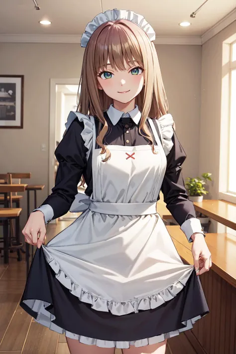 masterpiece,best quality,highres,ultra-detailed,aayume,long hair,bangs,<lora:minami_yume:0.8>,indoors,cafe,maid,maid headdress,apron,skirt hold,standing,cowboy shot,smile,