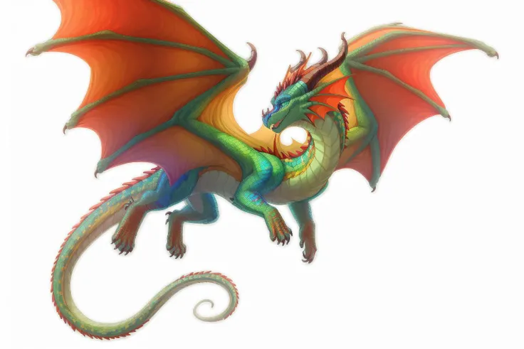 smiling, ((high resolution illustration)), ((extremely detailed)), (masterpiece), (Dragon Glory:1), smiling, (flying:1), (white background:1.4), (cute), adorable, <lora:Dragon Glory:0.8>, green body, orange paws, orange wings, rainbow dragon, dragon, four legs, green eyes,