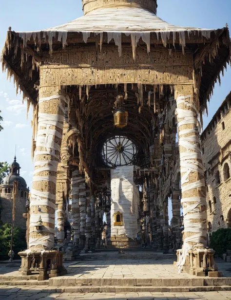 masterpiece, awesome quality, hyper detailed, DonMM00mm13s bandages, wrapped, marketplace bell tower, <lora:DonMM00mm13s-000006:0.9>