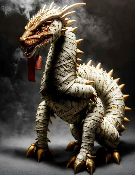 masterpiece, awesome quality, hyper detailed, DonMM00mm13s bandages, wrapped, irregular radiant crystal chinese robust dragon,   misty
 ,     <lora:DonMM00mm13s-000006:0.9>