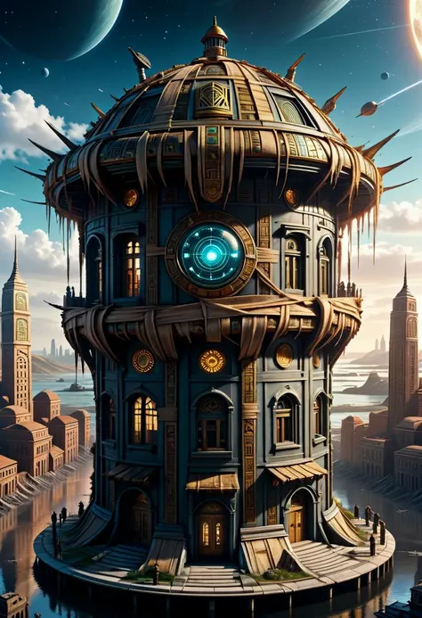 hyper detailed masterpiece, dynamic, awesome quality,  dystopian cityscape cupola,shield,tidal estuary,celestial orbits, wrapped in bandages <lora:DonMM00m13sXL:1>