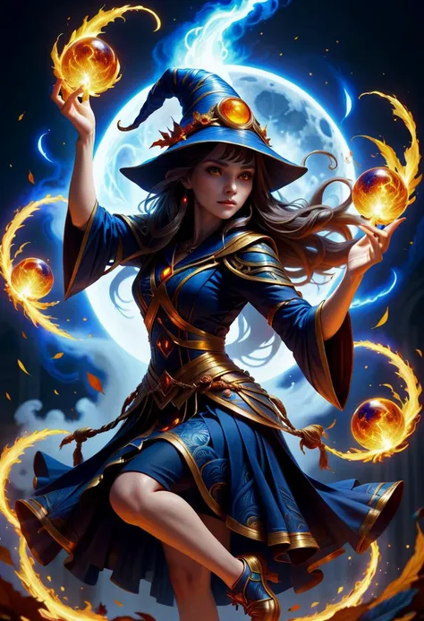 hyper detailed masterpiece, dynamic, awesome quality, female wizard  Exercising bewitch shaped like Cascade of navyblue eclipse leaf and fireballs <lora:DonMM00m13sXL:1>