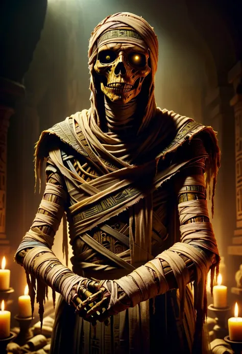hyper detailed masterpiece, dynamic, awesome quality, mummy, preserved reanimated undead cursed being, wrapped in bandages,
sunken empty eye sockets, tattered burial wrappings,
ancient artifacts and jewelry,curses, supernatural reanimation <lora:DonMM00m13sXL:1>