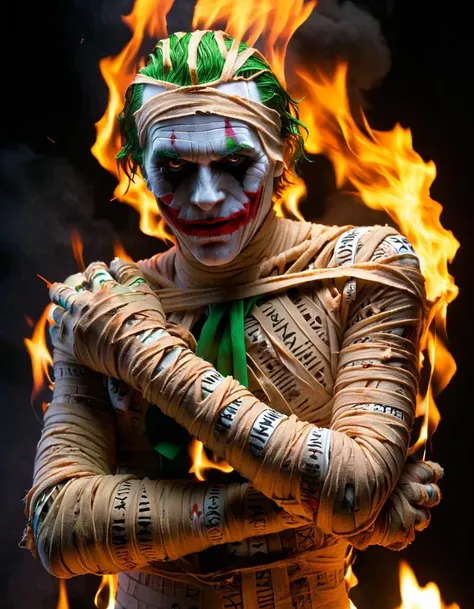 DonMM00m13sXL, <lora:DonMM00m13sXL:0.55>, joker wrapped in bandages, on fire, smoke, <lora:Aether_Fire_v1_SDXL_LoRA:0.5>