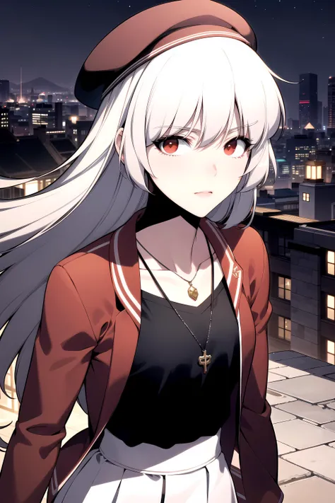 best quality, (masterpiece:1.2), detailed,
<lora:chara_SoloMaxLevelNewbie_Alice_v2:0.8>, alice,
emotionless,
grey hair, long hair, red eyes, floating hair,
hat, red jacket, black shirt, necklace, collarbone, white skirt,
standing, looking at the viewer,
outdoors, city, night
