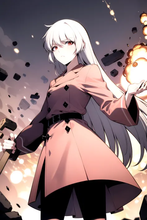 best quality, (masterpiece:1.2), detailed,
<lora:chara_SoloMaxLevelNewbie_Alice_v2:0.8>, alice,
emotionless,
grey hair, long hair, red eyes, floating hair,
tench coat, pink coat, belt,
standing, looking at the viewer,
outdoors, explosions