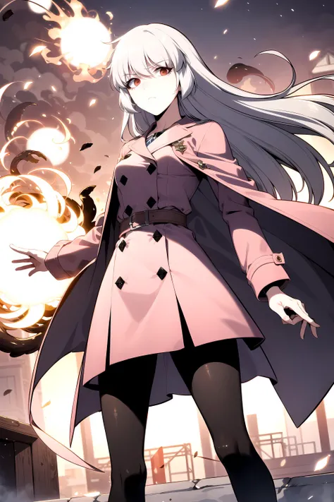best quality, (masterpiece:1.2), detailed,
<lora:chara_SoloMaxLevelNewbie_Alice_v2:0.8>, alice,
emotionless,
grey hair, long hair, red eyes, floating hair,
tench coat, pink coat, belt,
standing, looking at the viewer,
outdoors, explosions