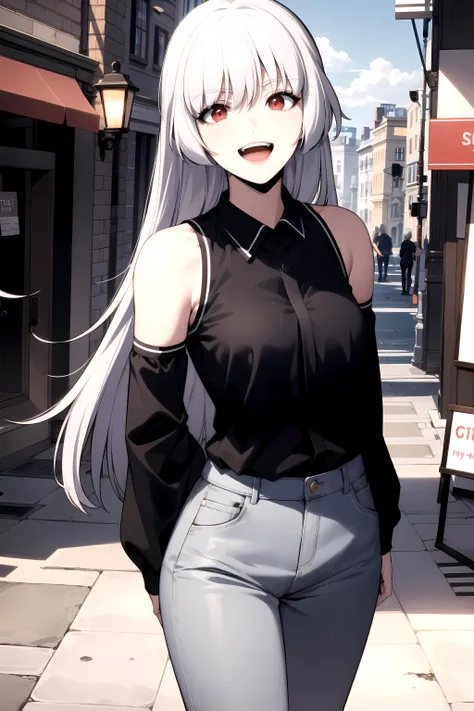 best quality, (masterpiece:1.2), detailed,
<lora:chara_SoloMaxLevelNewbie_Alice_v2:0.8>, alice,
open mouth, smile,
grey hair, long hair, red eyes,
black shirt, collared shirt, bare shoulders, detached sleeves, grey pants, 
standing, arms behind back,
outdoors, city, shops