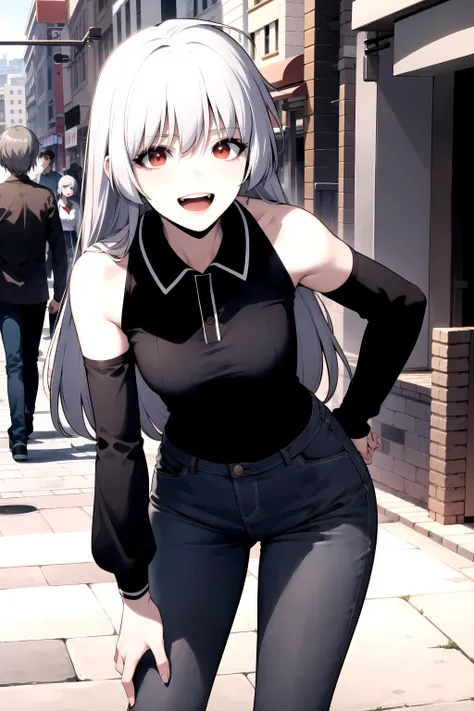 best quality, (masterpiece:1.2), detailed,
<lora:chara_SoloMaxLevelNewbie_Alice_v2:0.8>, alice,
open mouth, smile,
grey hair, long hair, red eyes,
collared shirt, black shirt, bare shoulders, detached sleeves, pants,
standing, leaning forward,
outdoors, city, shops