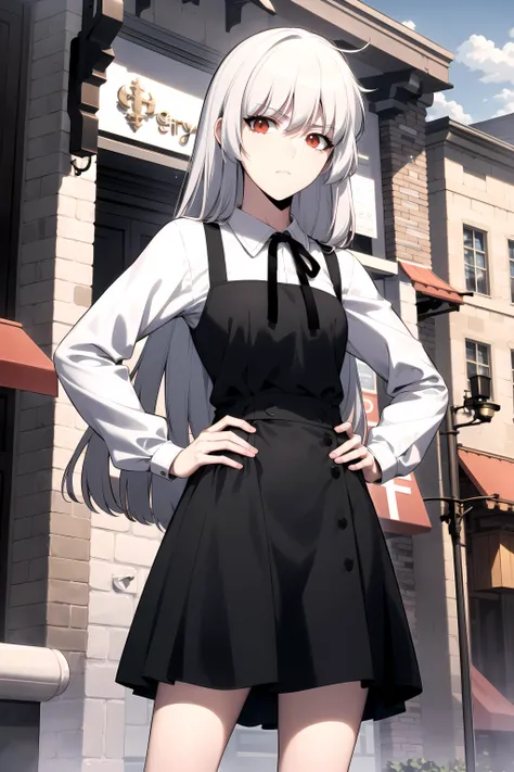 best quality, (masterpiece:1.2), detailed,
<lora:chara_SoloMaxLevelNewbie_Alice_v2:0.8>, alice,
emotionless,
grey hair, long hair, red eyes,
casual dress, pinafore dress, neck ribbon, black ribbon, long sleeves, kneehighs,
standing, hand on own hip, looking at the viewer,
outdoors, city, shops