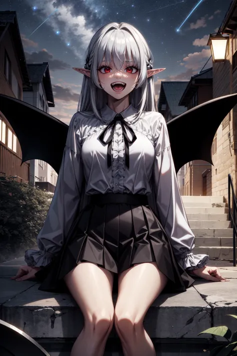 (Masterpiece, Best Quality, Highres:1.4), Detailed, Intricate Details, 4K, outdoors, night, star (sky), 1girl, solo, alice, vampire, sitting, open mouth, smile, fangs, small breasts, looking at viewer, grey hair, long hair, red eyes, pointy ears, white shirt, black ribbon, frills, long sleeves, black skirt  <lora:SoloMaxLevelNewbie_Alice_v1:0.7>  <lora:add_detail:0.8>