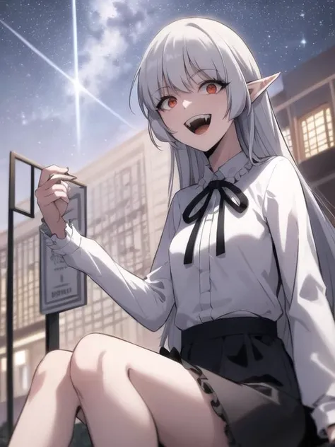 best quality, (masterpiece:1.2), highly detailed, outdoors, night, star (sky), 1girl, solo, <lora:aliceSoloMaxLevelNewbie_v10:0.7>, alice, vampire, sitting, open mouth, smile, fangs, small breasts, looking at viewer, grey hair, long hair, red eyes, pointy ears, white shirt, black ribbon, frills, long sleeves, black skirt,