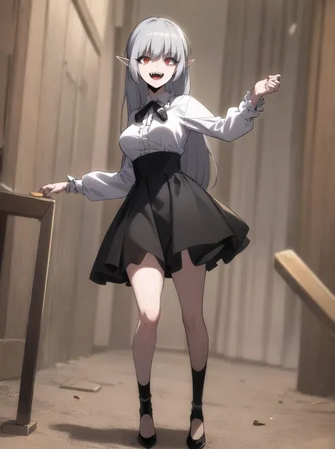 ((solo)), best quality, (masterpiece:1.2), highly detailed,
portrait, (fullbody_shot),
1girl, alice, vampire, <lora:aliceSoloMaxLevelNewbie_v10:0.7>,
front, ready, (dramatic pose), standing,
open mouth, smile, fangs,
breasts, looking at viewer, grey hair, long hair, red eyes, pointy ears,
white shirt, black ribbon, frills, long sleeves, black skirt,