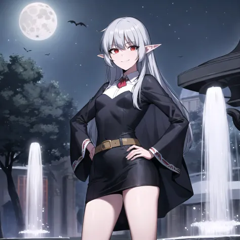 best quality, (masterpiece:1.2), highly detailed, night, moon, fountain,
1girl, solo, <lora:chara_SoloMaxLevelNewbie_Alice_v1:0.6>, alice, vampire, standing, closed mouth, wide smile, small breasts, looking at viewer,
grey hair, long hair, red eyes, pointy ears, collared shirt, black dress, hand on hip, belt,