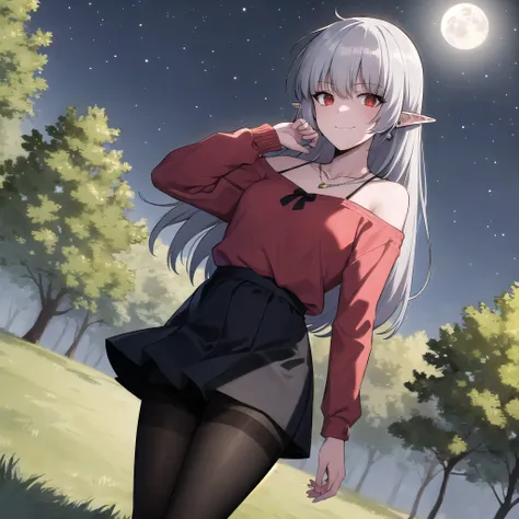 best quality, (masterpiece:1.2), highly detailed, night, moon, forrest, trees, mature,
1girl, solo, <lora:chara_SoloMaxLevelNewbie_Alice_v1:0.6>, alice, vampire, standing, closed mouth, wide smile, small breasts, looking at viewer,
grey hair, long hair, red eyes, pointy ears, collarbone, red shirt, off-shoulder shirt, earrings, necklace, long sleeves, pantyhose, black skirt