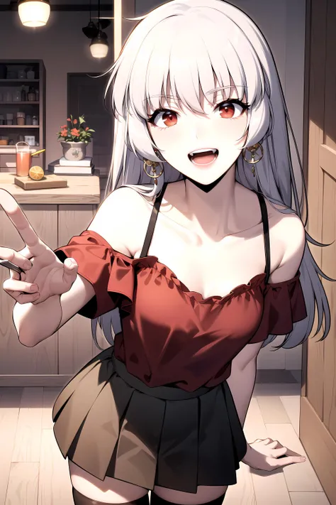 best quality, (masterpiece:1.2), detailed,
<lora:chara_SoloMaxLevelNewbie_Alice_v2:0.8>, alice,
open mouth, light smile,
grey hair, long hair, red eyes,
ballroom dress, red shirt, tank top, off shoulder, collarbone, earrings, pleated skirt, thighhighs,
standing, looking at the viewer,
indoors, night