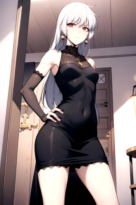 One lady，{Best Quality}, {ultra-detailliert}, {very detailed illustration}, silber hair, Aimei, embarrassed from，breastsout，red blush，Black tie，{Suspender Skirt}，suspenders，skirt by the，Casual clothing，a bed，{bustup}，turned around，Rear view，s ass