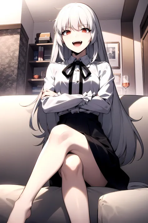 best quality, (masterpiece:1.2), detailed,
<lora:chara_SoloMaxLevelNewbie_Alice_v2:0.8>, alice,
open mouth, light smile,
grey hair, long hair, red eyes,
white shirt, frills, neck ribbon, black skirt,
crossed arms, sitting, couch, looking at the viewer,
indoors