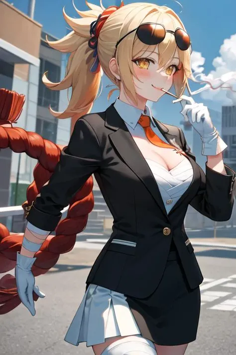 best quality, masterpiece, highres, solo, {black business suit:1.40}, {tie:1.20}, {sunglasses:1.25}, {white gloves:1.15}, {white shirt:1.10}, {black skirt:1.15}, {smoking:1.20}, handsome, {yoimiya_genshin:1.15}, blonde_hair, bangs, hair_ornament, ponytail, breasts, smile, tattoo, yellow_eyes, arm_tattoo, chest_tattoo, orange_eyes, sarashi, cleavage, bandages, hair_between_eyes, rope, shimenawa, blush