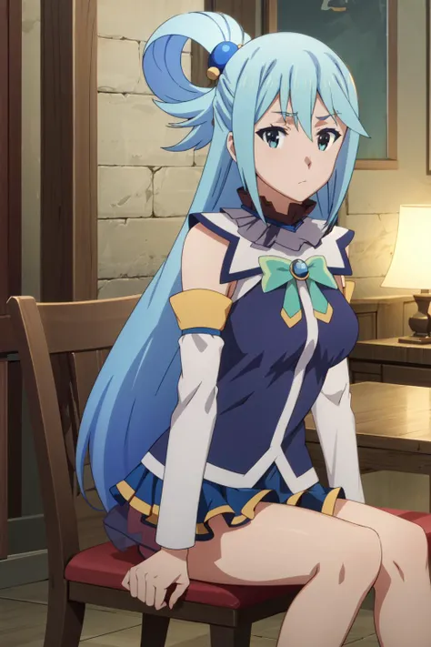 <lora:anime_screencap_v2:0.3> tall body, tall, long legs, mature female, mature, adult, <lora:GoodHands-beta2:1.4>,
<lora:eft_konosuba_aqua-02:1> ,EFT_Konsuba_Aqua, aqua (konosuba), 1girl, long hair, blue hair, blue eyes, solo, looking at viewer, satou kazuma, sitting, indoors, collarbone, bare shoulders, very long hair