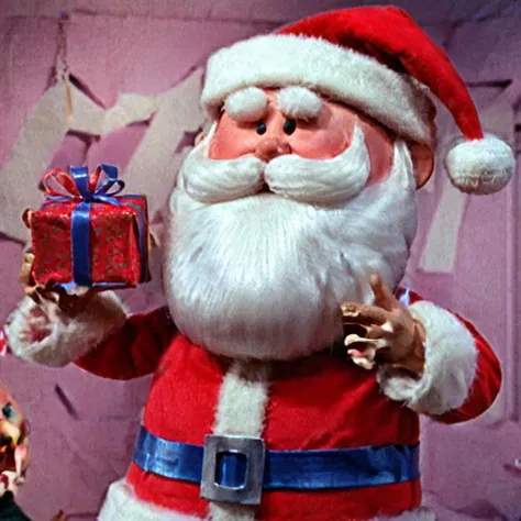 RTRNR, Santa with a wrapped christmas present, smiling <lora:Rudolph_the_Red_Nosed_Reindeer_Film_Style:0.8>