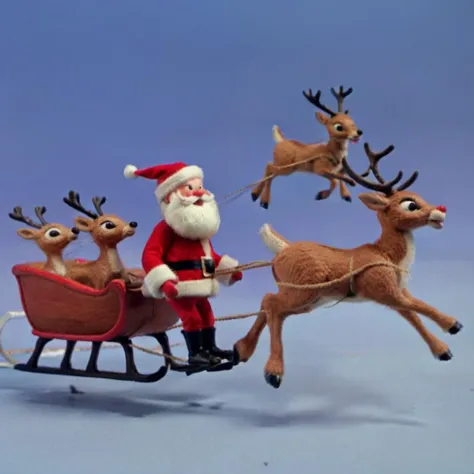 a christmas scene, santa in his sleigh being pulled through the air by 8 reindeer <lora:Rudolph_the_Red_Nosed_Reindeer_Film_Style:0.5>
