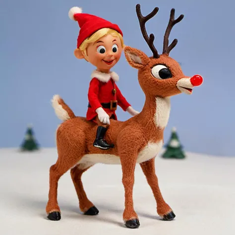 elf riding rudolf the red nose reindeer, RTRNR <lora:Rudolph_the_Red_Nosed_Reindeer_Film_Style:0.5>