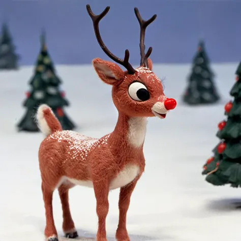 rudolf the red nose reindeer caught in a snowstorm, trees in the background, RTRNR <lora:Rudolph_the_Red_Nosed_Reindeer_Film_Style:0.5>