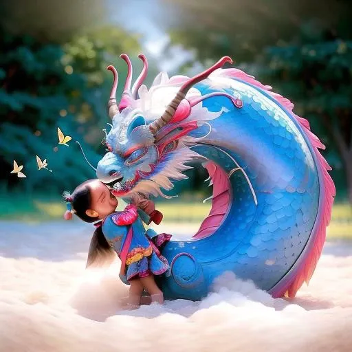 a blue dragon ddler catching butterflies with a net, <lora:DragonCute:0.8> DragonCute, dragon hug, dragon, animal hug