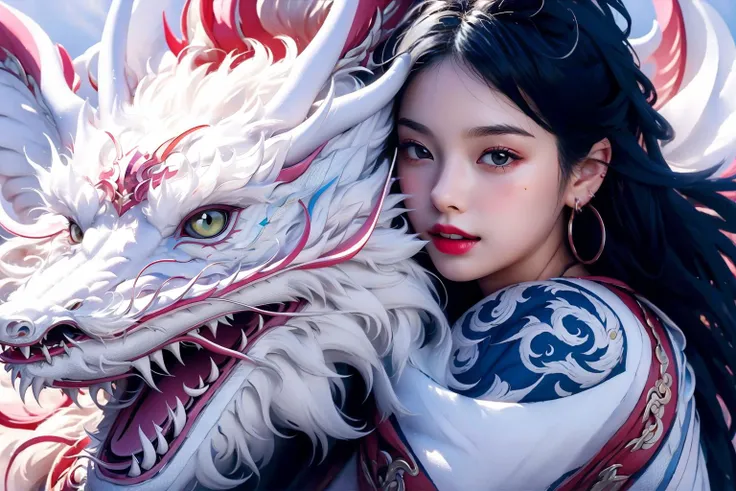DragonCute, 1girl, long_hair, blush, black_hair, jewelry, earrings, tongue, lips, hug, tattoo, fangs, hoop_earrings, dragon, eastern_dragon
<lora:DragonCute-000004:0.7>, ultra realistic,32k,RAW photo,(high detailed skin:1.2), 8k uhd, dslr, soft lighting, high quality, film grain
