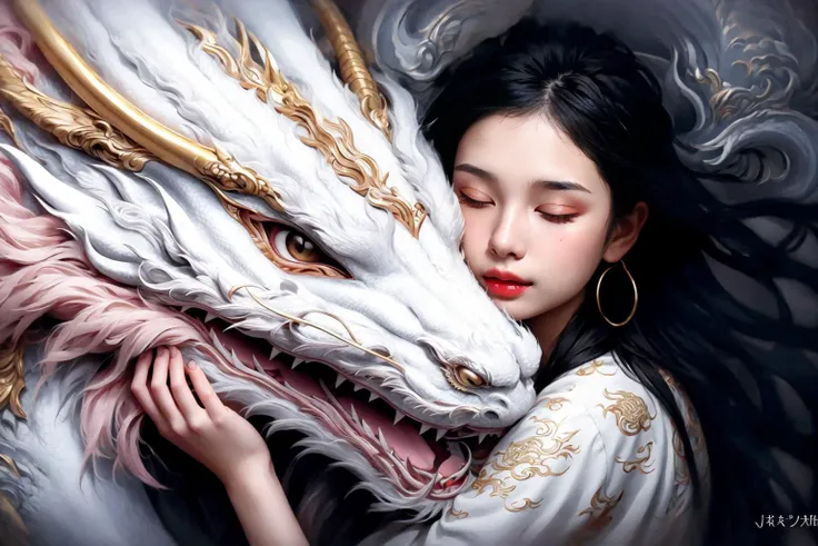 DragonCute, 1girl, long_hair, blush, black_hair, jewelry, closed_eyes, earrings, tongue, lips, hug, tattoo, fangs, sleeping, hoop_earrings, dragon, eastern_dragon
<lora:DragonCute-000004:0.7>, ultra realistic,32k,RAW photo,(high detailed skin:1.2), 8k uhd, dslr, soft lighting, high quality, film grain