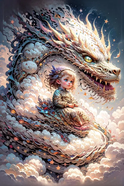 (a ), charming, short white dress, dragon, cute, (sitting moon), moon, stars, clouds, masterpiece, best quality, <lora:moon_sora:0.7> <lora:DragonCute:0.7>, (masterpiece,best quality:1.5)