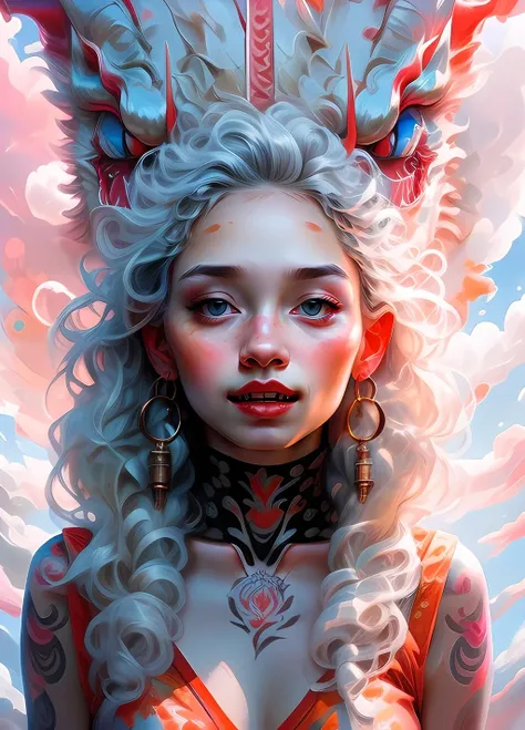 DragonCute, 1girl, long_hair, blush, silver hair, blue deep eyes jewelry, earrings, tongue, lips, hug, tattoo, fangs, ((upper body)), wide shot, hoop_earrings, dragon, , eastern_dragon
<lora:DragonCute:0.7>, ultra realistic,32k,RAW photo,(high detailed skin:1.2), 8k uhd, dslr, soft lighting, high quality, film grain, abstract, cloud, dreamwave<lyco:GPTS4 dreamwave full_478773:0.8>, (masterpiece,best quality:1.5)