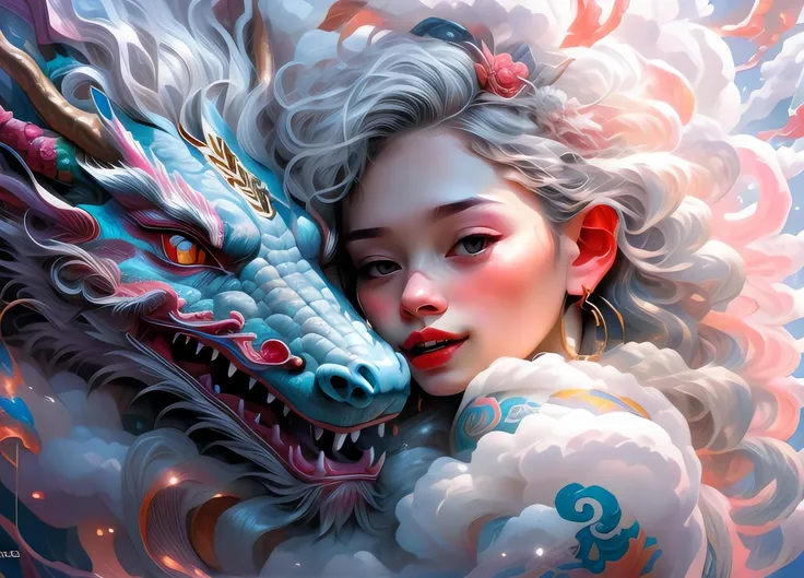 DragonCute, 1girl, long_hair, blush, silver hair, jewelry, earrings, tongue, lips, hug, tattoo, fangs, upper body, hoop_earrings, dragon, eastern_dragon
<lora:DragonCute:0.7>, ultra realistic,32k,RAW photo,(high detailed skin:1.2), 8k uhd, dslr, soft lighting, high quality, film grain, abstract, cloud, <lyco:GPTS4 dreamwave full_478773:0.6>, ultra realistic,32k,RAW photo,(high detailed skin:1.2), 8k uhd, dslr, soft lighting, high quality, film grain