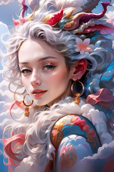DragonCute, 1girl, long_hair, blush, silver hair, blue deep eyes jewelry, earrings, smile, lips, hug, tattoo, fangs, ((upper body)), hoop_earrings, (dragon), (eastern_dragon)
<lora:DragonCute:0.8>, ultra realistic,32k,RAW photo,(high detailed skin:1.2), 8k uhd, dslr, soft lighting, high quality, film grain, abstract, cloud, flower, dreamwave, <lyco:GPTS4 dreamwave full_478773:0.6>, (masterpiece,best quality:1.5)