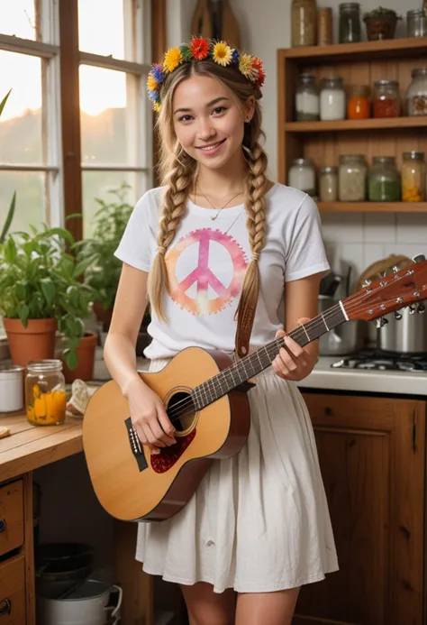 (medium full shot) of (bohemian hippie) young woman, chinese, light skin, brown eyes, Average build, long blonde single braid hair, wearing a white tie-dye t-shirt, wrap skirt, flower crown, fabric flats, peace sign pendant, holding a guitar, set in the 1960s, in  communal Kitchen, large wooden table with mismatched chairs, shelves stocked with jars of herbs and spices, people cooking together, potted plants on windowsills, during sunset, woman smiling, Masterpiece,best quality, photo, realistic, very aesthetic, detailed face,