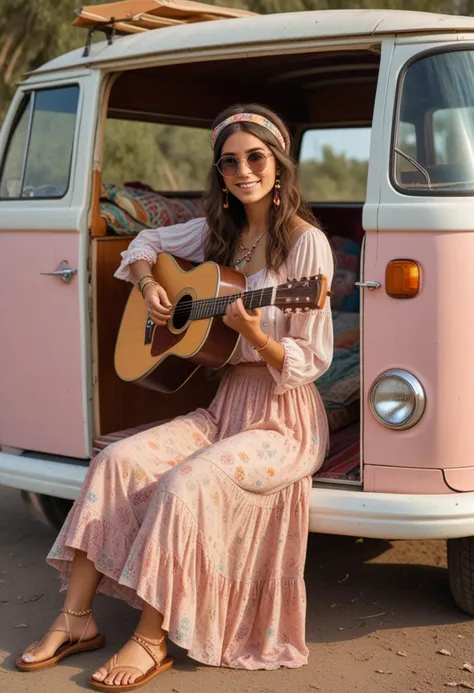 (medium full shot) of (bohemian hippie) young woman, south african, dark skin, hazel eyes, Medium build, medium dark  hair, wearing a pastel colors peasant blouse, tiered maxi skirt, feathered headband, flip-flops, wooden bracelets, round sunglasses, set in the 1960s, in  hippie Van, colorful van parked in a scenic spot, interior decorated with tapestries and cushions, people lounging inside, acoustic guitar leaning against the wall, during sunset, woman smiling, Masterpiece,best quality, photo, realistic, very aesthetic, detailed face,