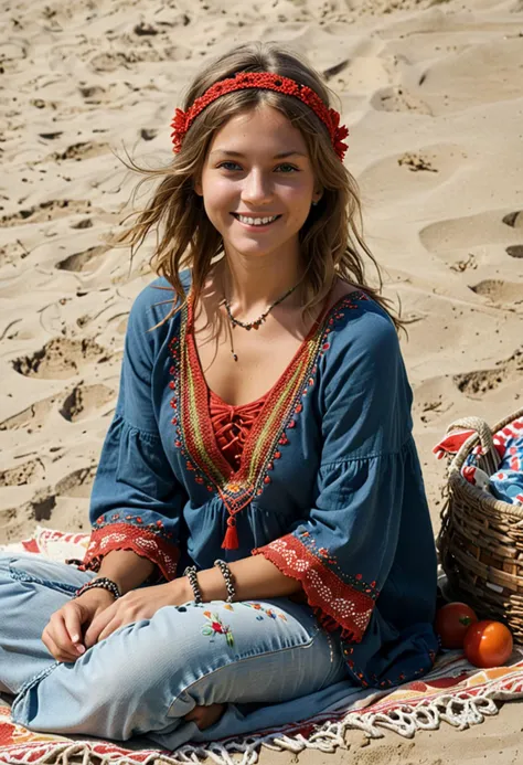 (medium full shot) of (free-spirited hippie) young woman, russian, tan skin, olive green eyes, Medium build, short red hime cut hair, wearing a blue embroidered tunic, bell-bottom jeans, feathered headband, barefoot, macrame bracelets, handmade wrap, set in the 1960s, in  beach Picnic, people sitting on blankets with picnic baskets, children building sandcastles, surfboards propped up in the sand, bright sun overhead , woman smiling, ,Masterpiece,best quality, photo, realistic, very aesthetic, detailed face,